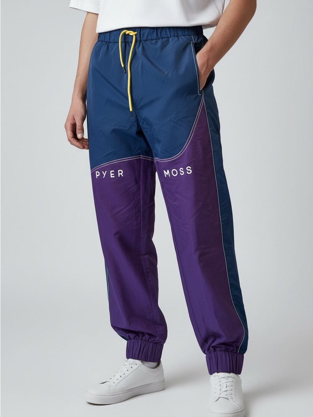 Pyer Moss Colorblock Navy & Purple Track Joggers with Yellow Drawstring